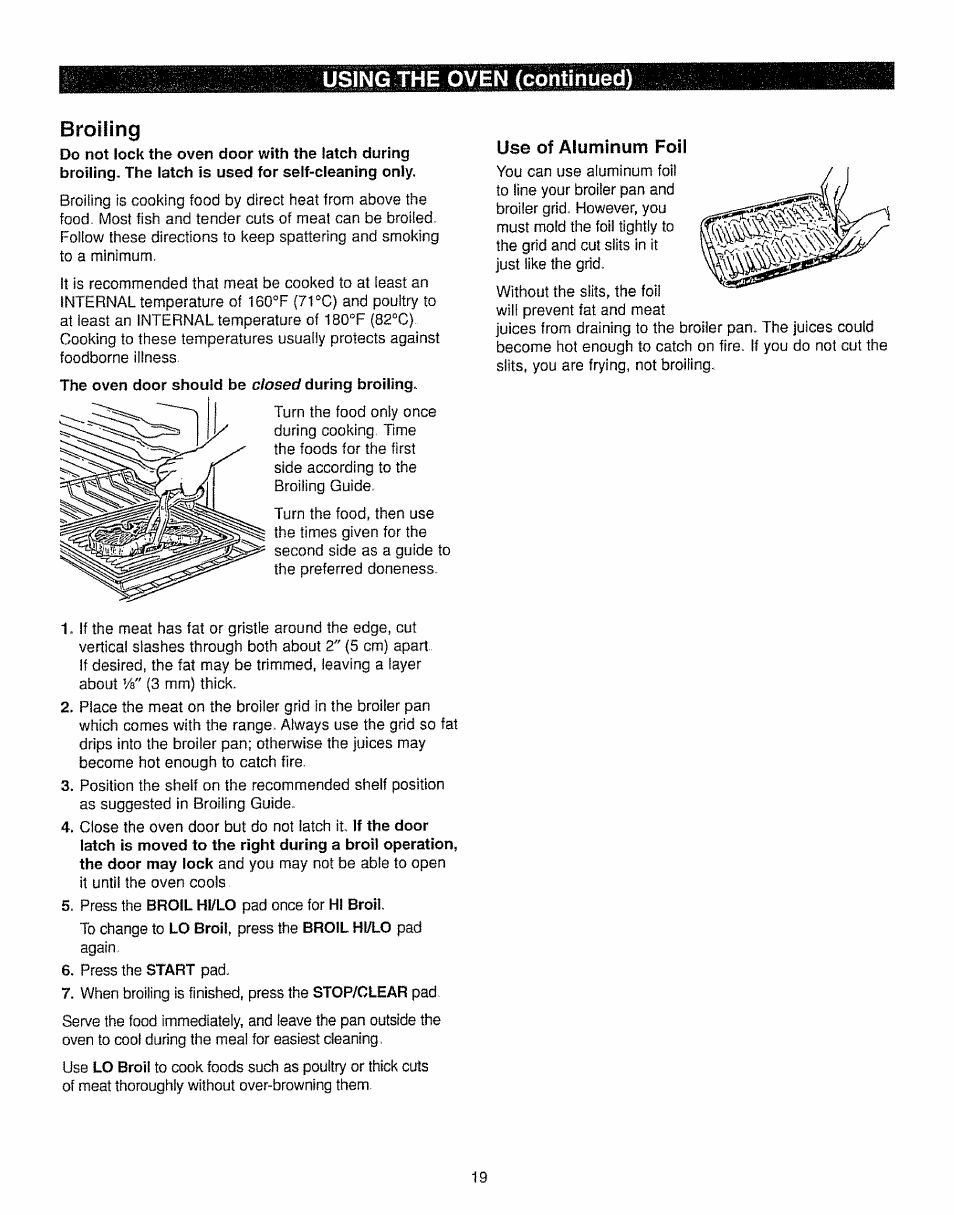 Use of aluminum foil, Using the oven (continued) broiling | Kenmore 362.7562 User Manual | Page 19 / 50