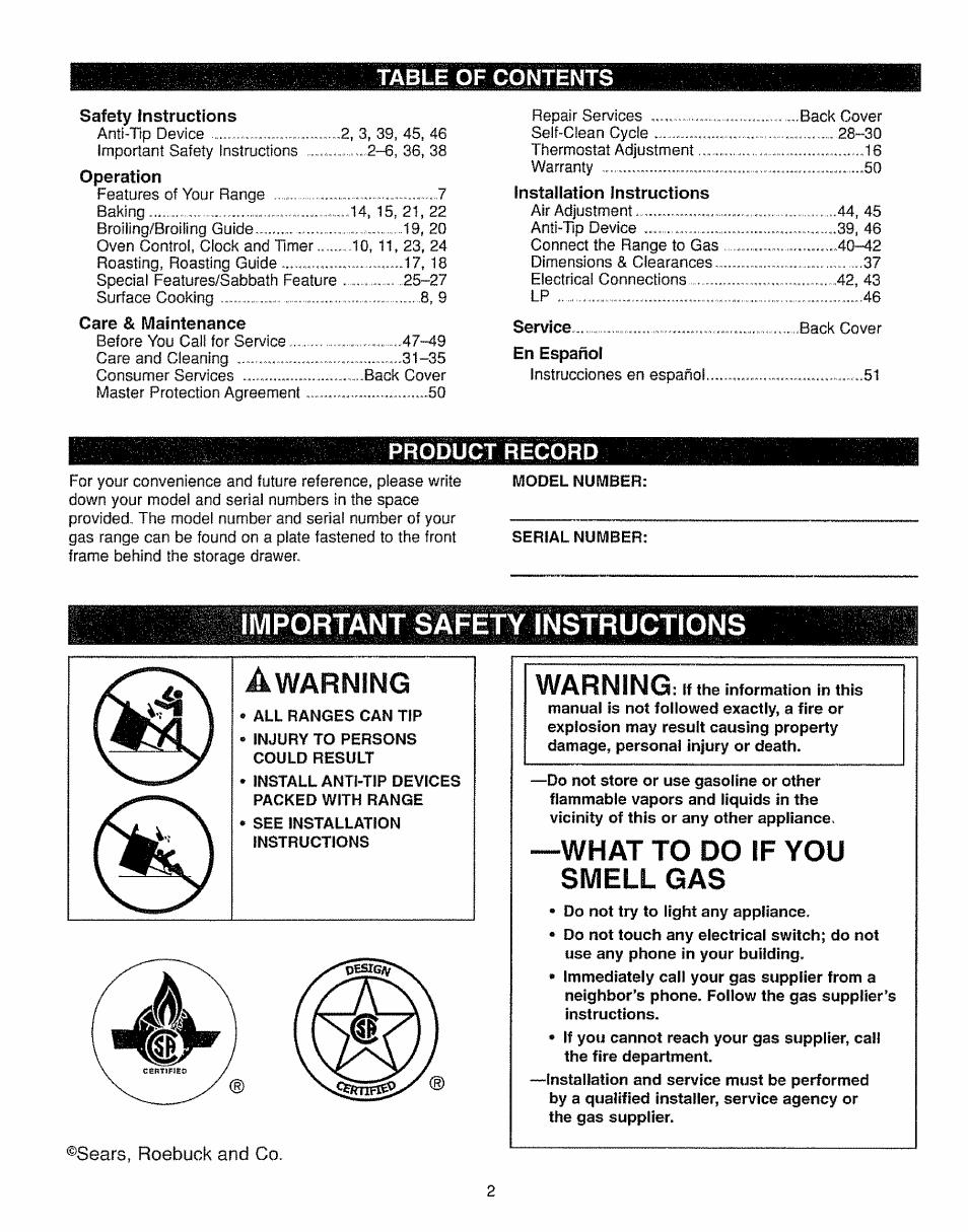 What to do if you smell gas, Warning, Li of cqnf ents | Product record | Kenmore 362.7562 User Manual | Page 2 / 50