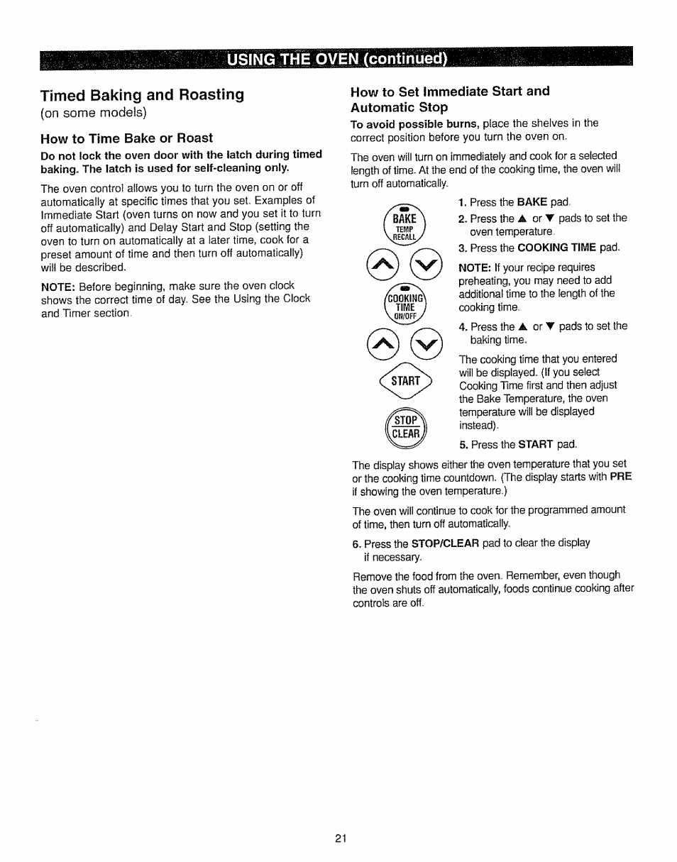 How to set immediate start and automatic stop | Kenmore 362.7562 User Manual | Page 21 / 50