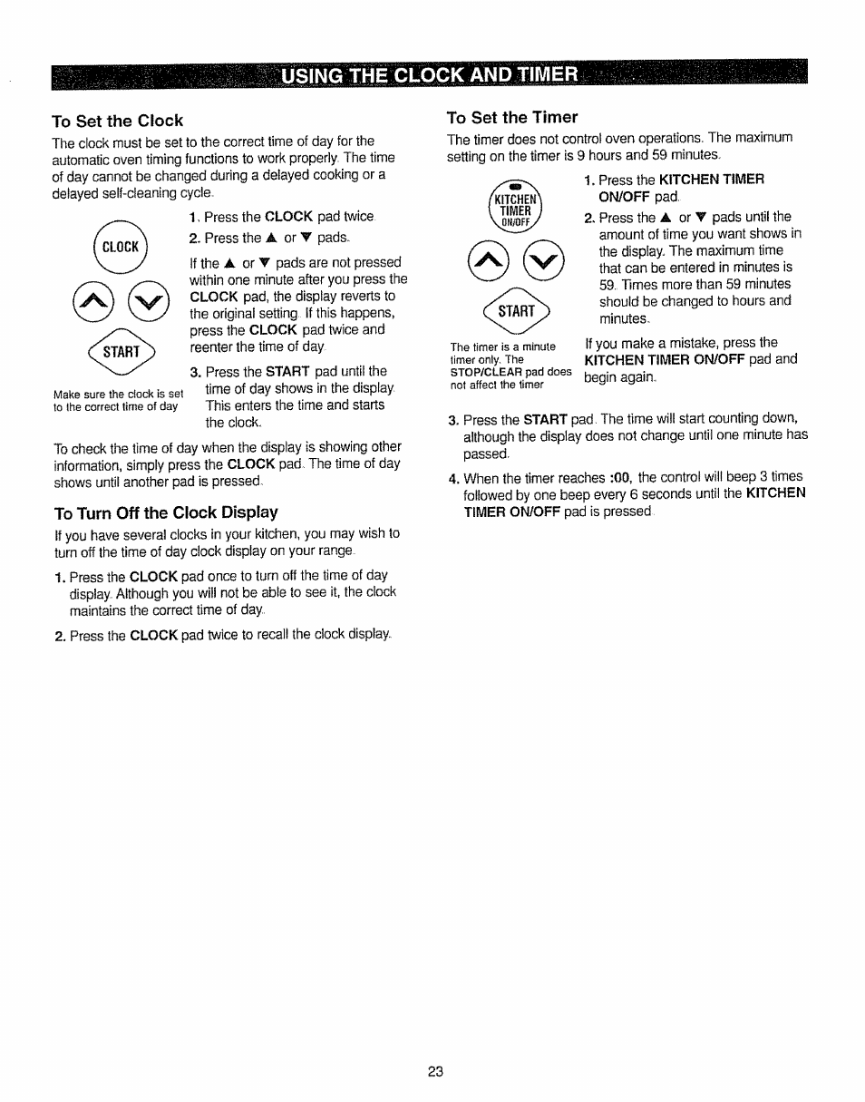 To set the clock, To turn off the clock display, To set the timer | Using the clock and timer | Kenmore 362.7562 User Manual | Page 23 / 50