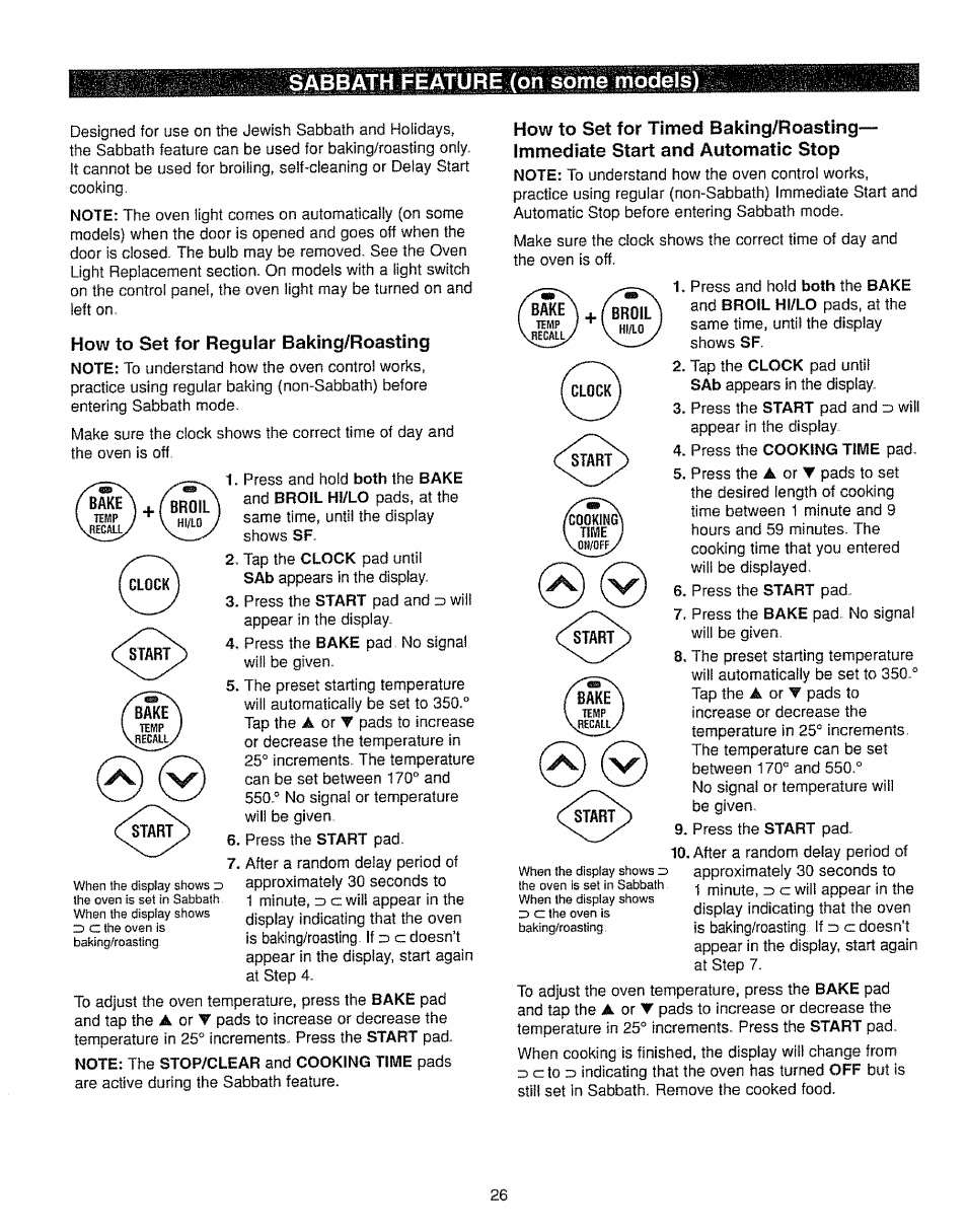 How to set for regular baking/roasting, Sabbath feature (on some models) | Kenmore 362.7562 User Manual | Page 26 / 50