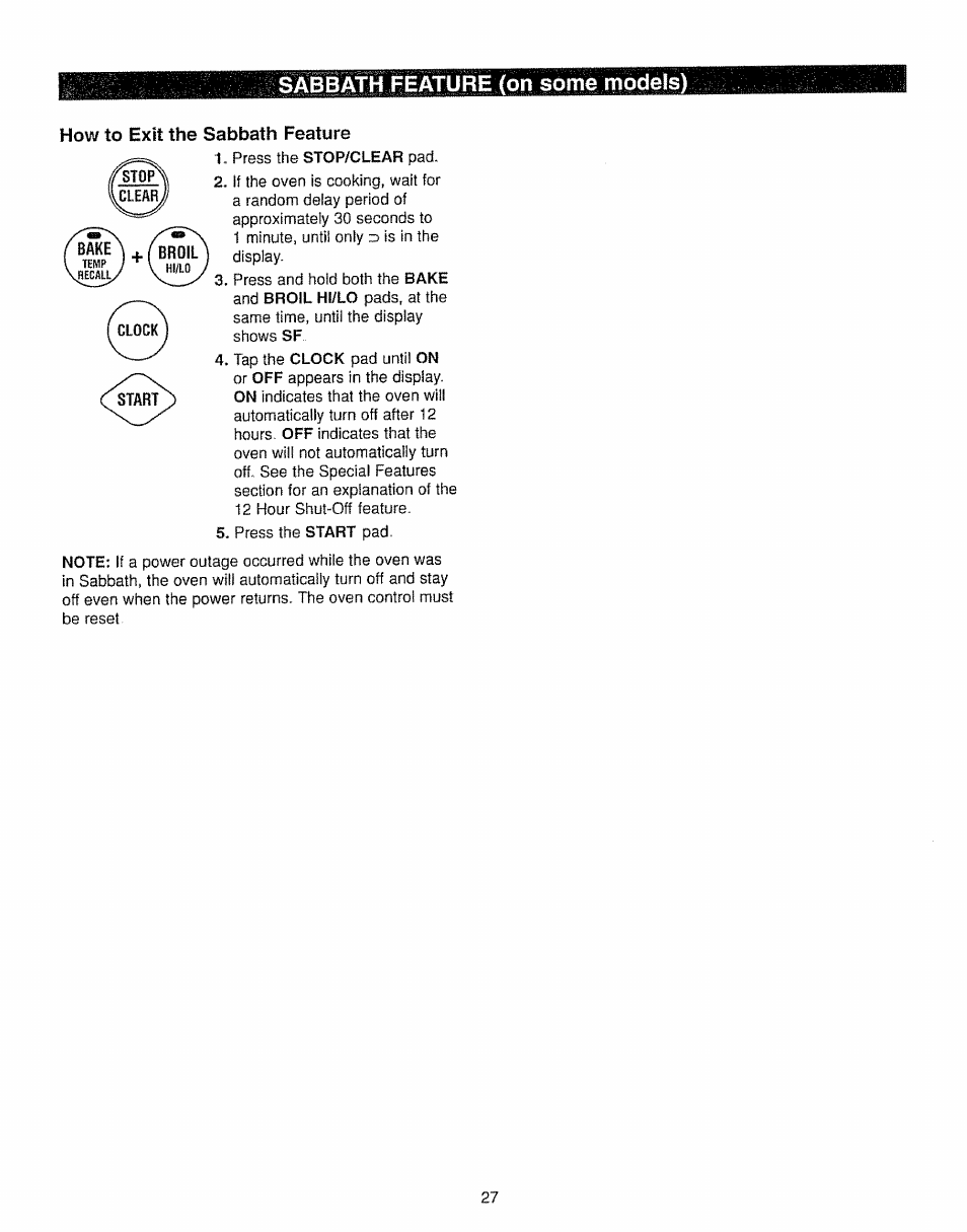 How to exit the sabbath feature, Sabbath re (on some | Kenmore 362.7562 User Manual | Page 27 / 50