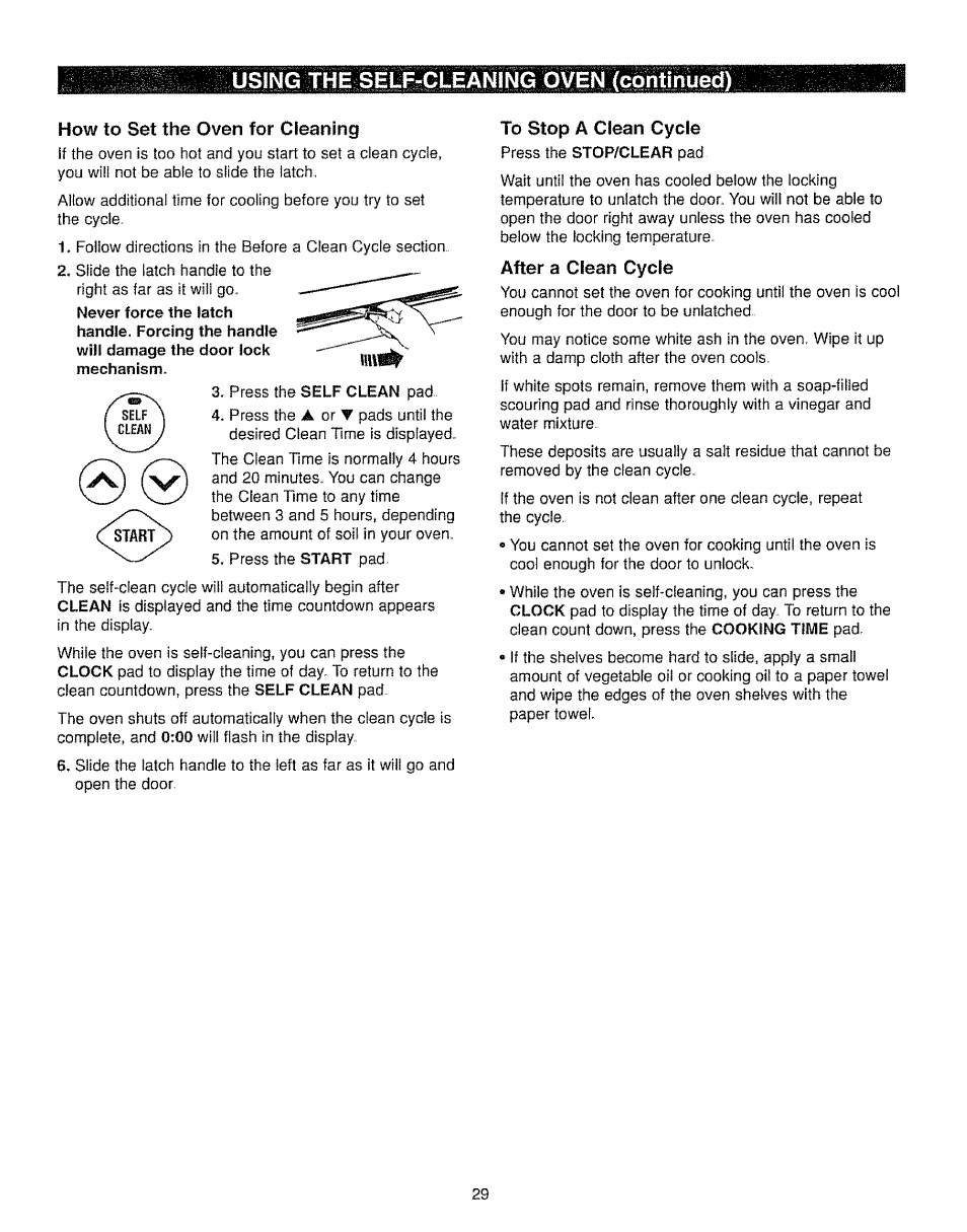 How to set the oven for cleaning, To stop a clean cycle, After a clean cycle | Kenmore 362.7562 User Manual | Page 29 / 50