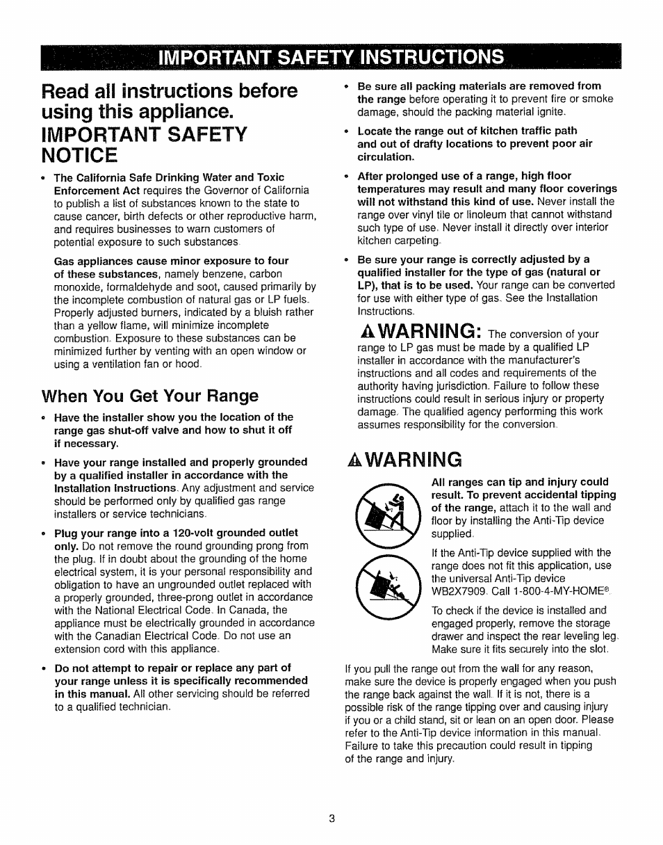 Read all instructions before using this appiiance, Important safety notice, Awarning | When you get your range | Kenmore 362.7562 User Manual | Page 3 / 50