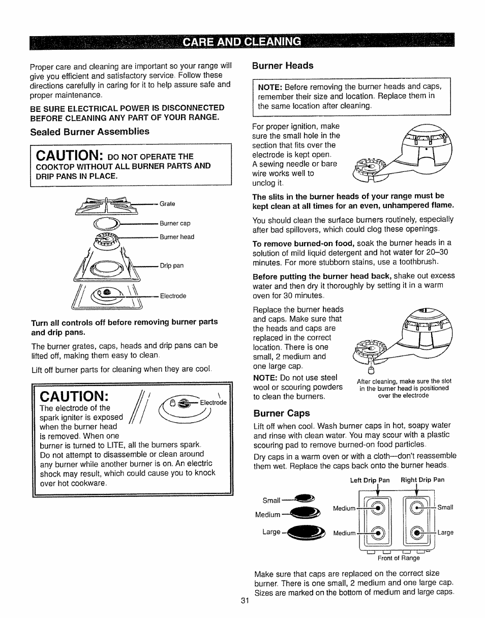 Cariandc|»im, Sealed burner assemblies, Burner heads | Burner caps, Caution, Small, Large | Kenmore 362.7562 User Manual | Page 31 / 50