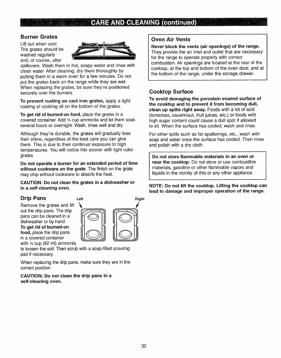 Burner grates, Drip pans, Cooktop surface | Care and cleaning (continued) | Kenmore 362.7562 User Manual | Page 32 / 50