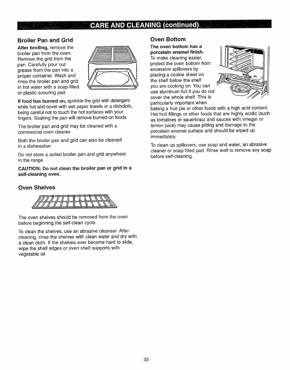 Broiler pan and grid, Oven shelves, Care and cleaning (continued) | Kenmore 362.7562 User Manual | Page 33 / 50