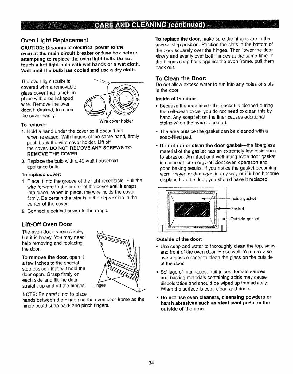 Lift-off oven door, To clean the door, Care and cleaning (continued) | Inside gasket gasket outside gasket | Kenmore 362.7562 User Manual | Page 34 / 50