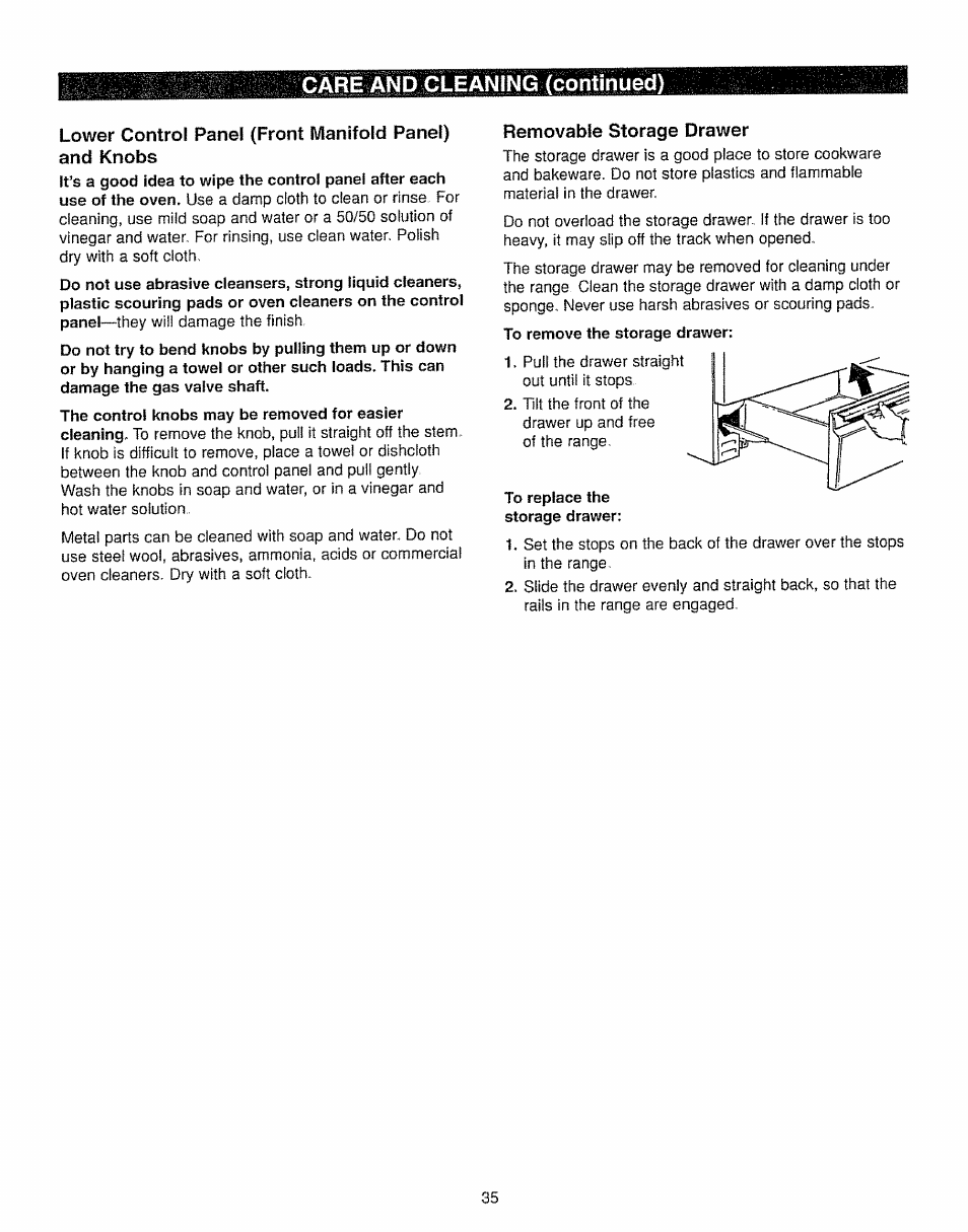 Removable storage drawer, Care and cleaning (continued) | Kenmore 362.7562 User Manual | Page 35 / 50