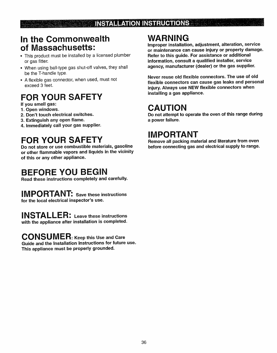 In the commonwealth of massachusetts, For your safety, Warning | Caution, Important, Before you begin, Installer, Consumer | Kenmore 362.7562 User Manual | Page 36 / 50