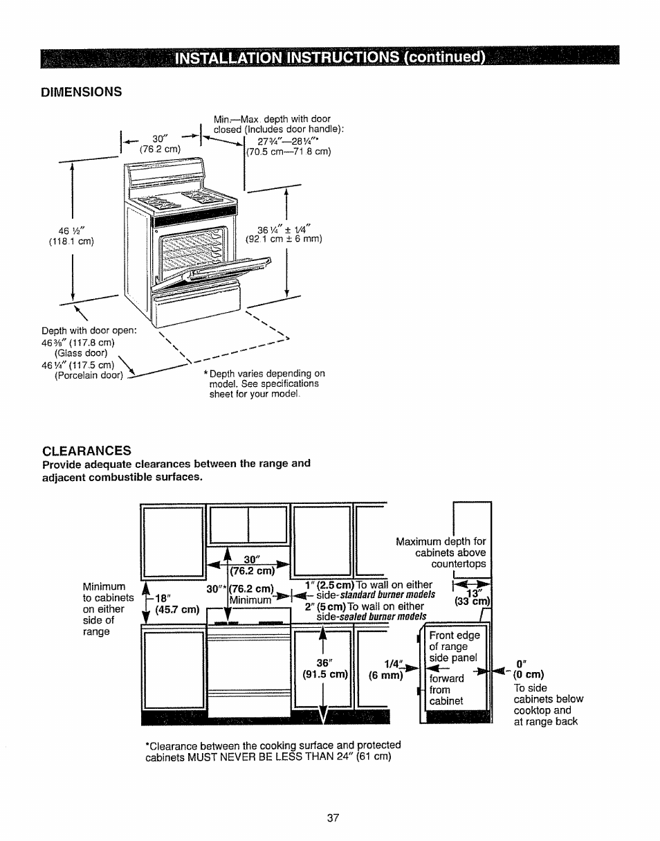 Dimensions, Clearances, Installation instructions (continued) | Kenmore 362.7562 User Manual | Page 37 / 50