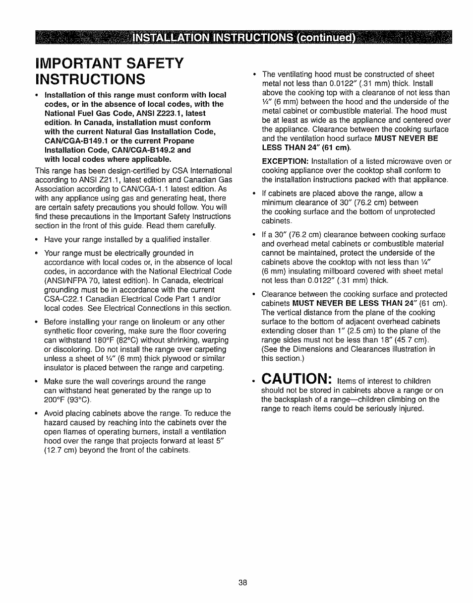 Important safety instructions, Caution, Installation instructions (continued) | Kenmore 362.7562 User Manual | Page 38 / 50