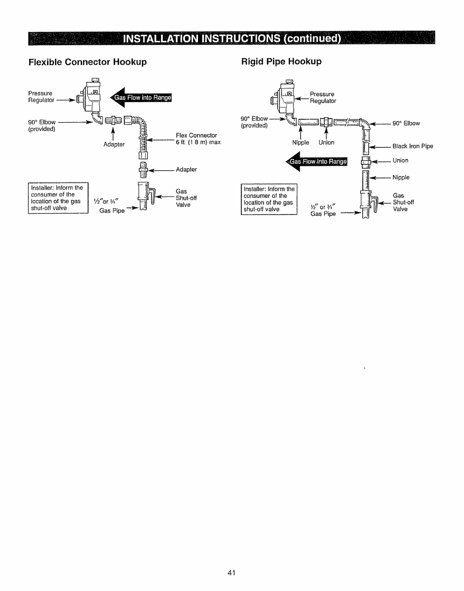 Flexible connector hookup, Rigid pipe hookup | Kenmore 362.7562 User Manual | Page 41 / 50