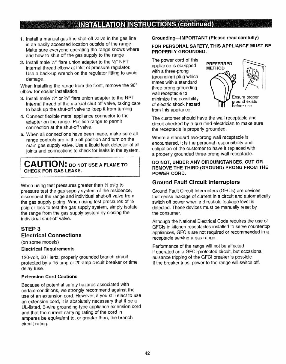 Step3, Electrical connections, Ground fault circuit interrupters | Caution, Installation instructions (continued) | Kenmore 362.7562 User Manual | Page 42 / 50