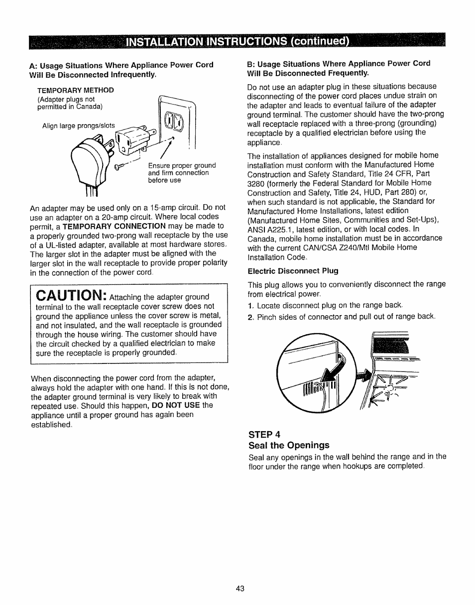 Step 4, Seal the openings, Caution | Temporary method | Kenmore 362.7562 User Manual | Page 43 / 50