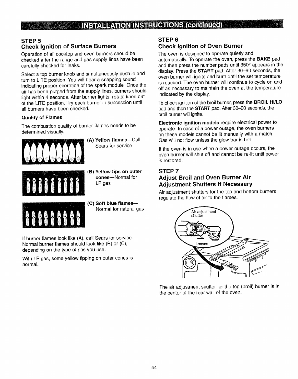 Steps, Check ignition of surface burners, Step 6 | Check ignition of oven burner, Step 7 | Kenmore 362.7562 User Manual | Page 44 / 50