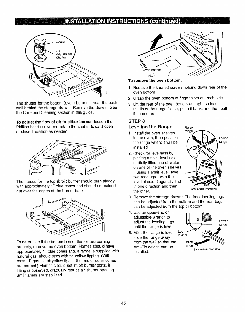 Steps, Leveling the range, Steps leveling the range | Kenmore 362.7562 User Manual | Page 45 / 50