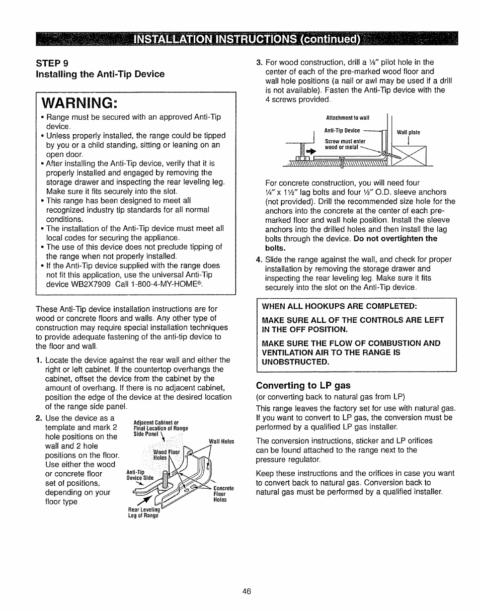 Steps, Installing the anti-tip device, Converting to lp gas | Warning, Installation instructions (continued) | Kenmore 362.7562 User Manual | Page 46 / 50