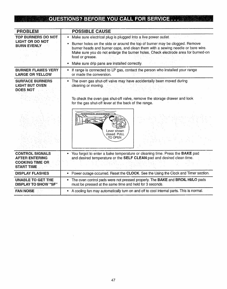 Possible cause, Questions? before you call for service | Kenmore 362.7562 User Manual | Page 47 / 50