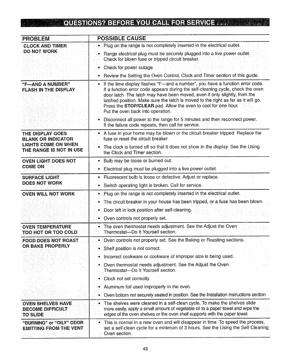 Questions? before you call for service | Kenmore 362.7562 User Manual | Page 48 / 50