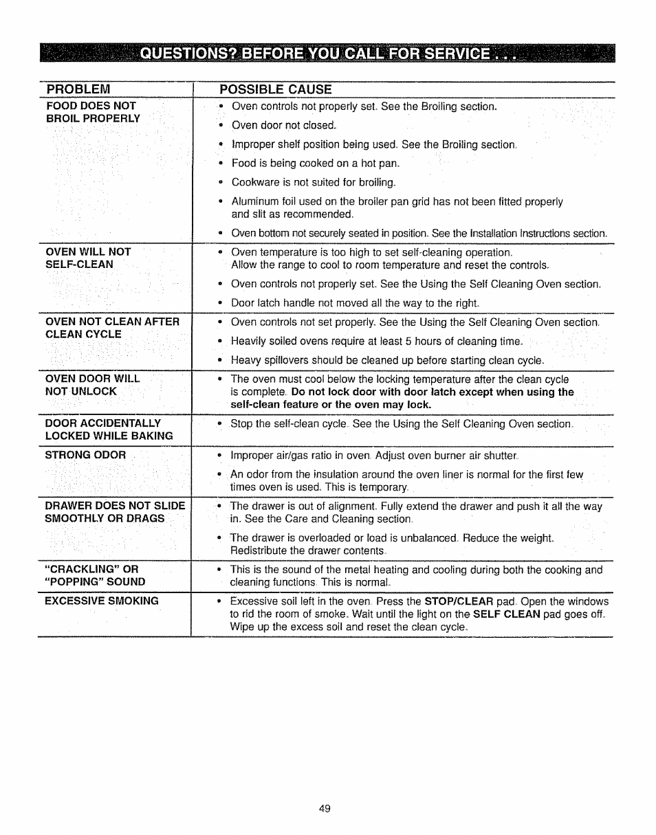 Questions? before you call for service | Kenmore 362.7562 User Manual | Page 49 / 50