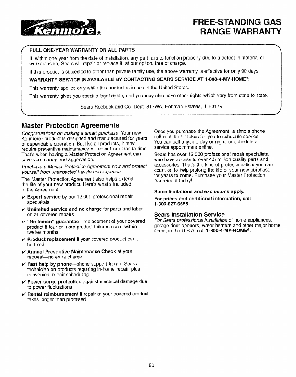 Free-standing gas, Sears installation service, Free-standing gas range warranty | Master protection agreements | Kenmore 362.7562 User Manual | Page 50 / 50