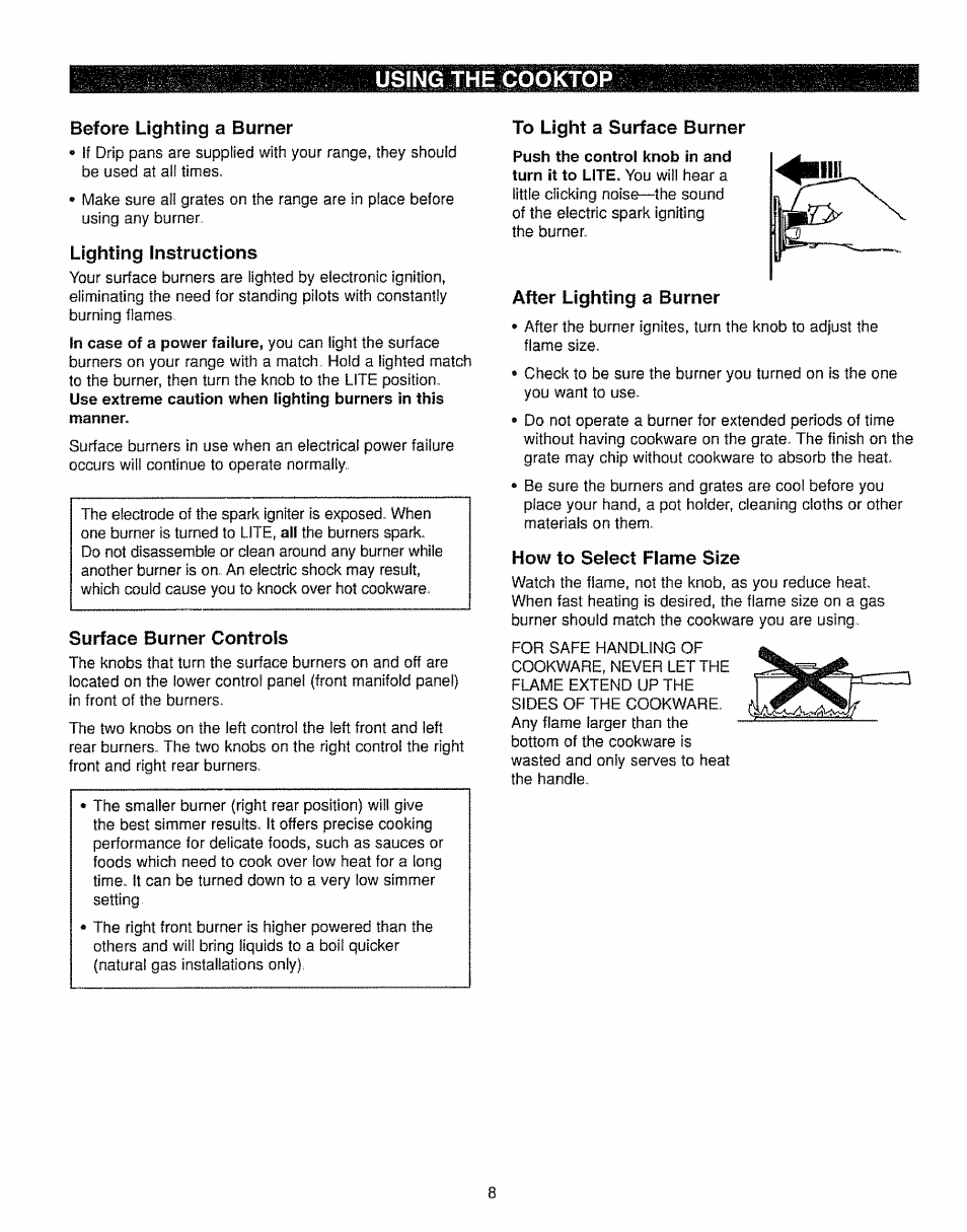 Before lighting a burner, Lighting instructions, Surface burner controls | To light a surface burner, After lighting a burner, How to select flame size, Using the cooktop | Kenmore 362.7562 User Manual | Page 8 / 50