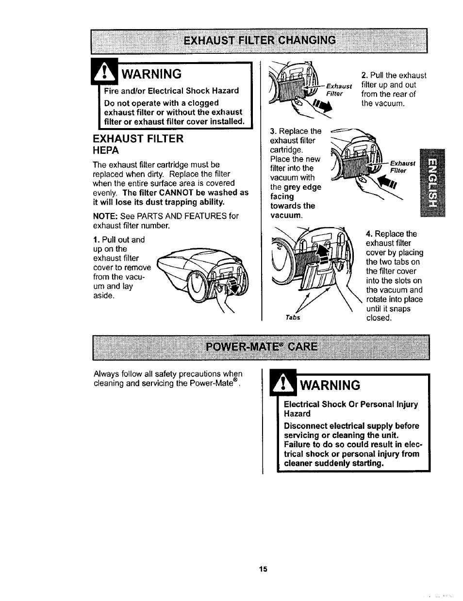 Exhaust filter changing, Warning, Exhaust filter | Power-mate'® care, Electrical shock or personal injury hazard, Power-mate® care | Kenmore 116.23812300 User Manual | Page 15 / 40