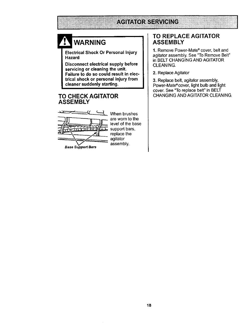 Agitator servicing, Warning, Electrical shock or personal injury hazard | To check agitator assembly, To replace agitator assembly | Kenmore 116.23812300 User Manual | Page 18 / 40