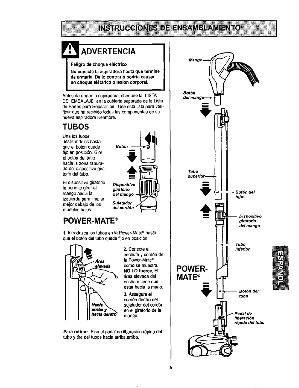 Instrucciones de ensamblamiento, Advertencia, Tubos | Power-mate, Powermate, Power­ mate | Kenmore 116.23812300 User Manual | Page 25 / 40