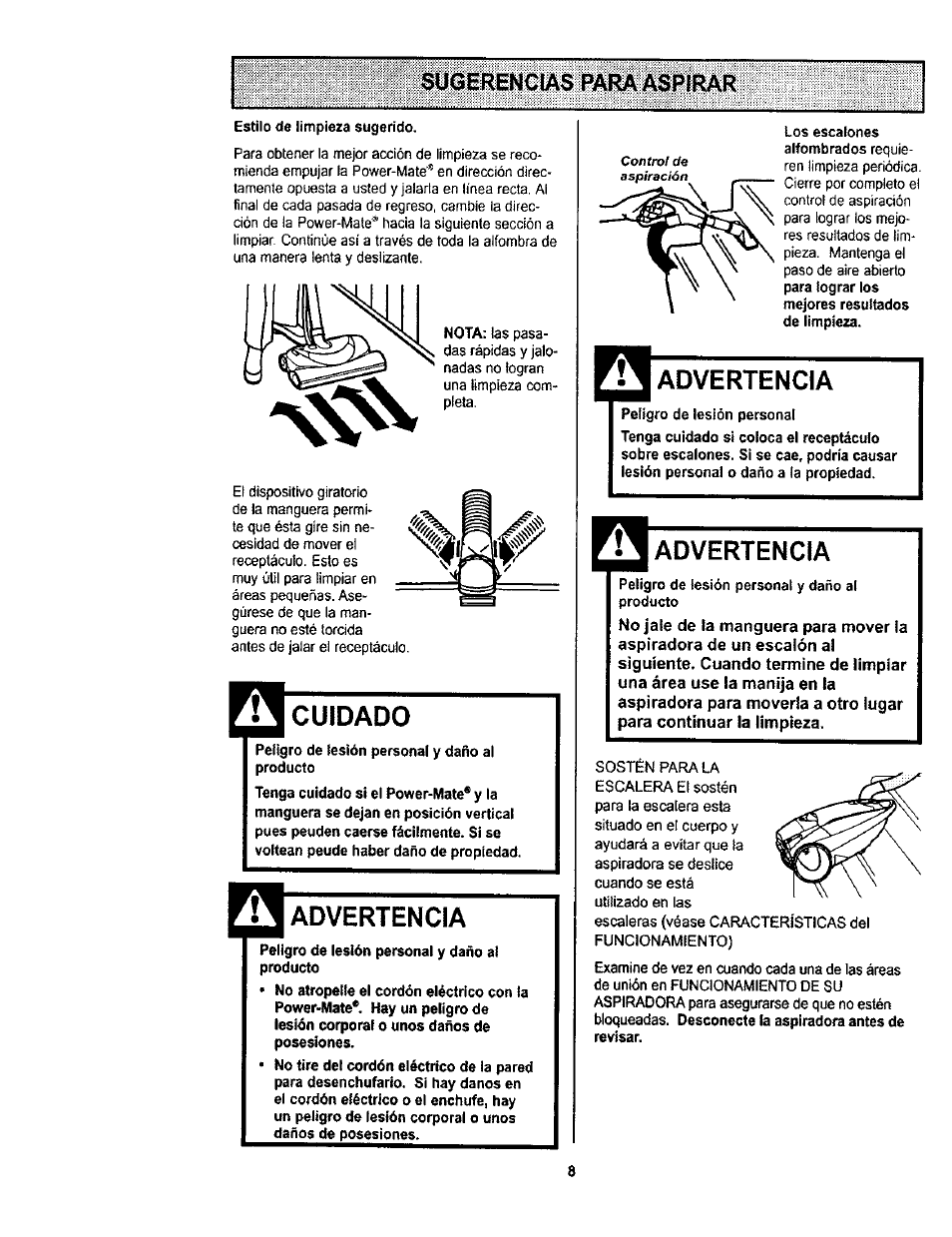 Sugerencias para aspirar, Cuidado, Advertencia | Kenmore 116.23812300 User Manual | Page 28 / 40