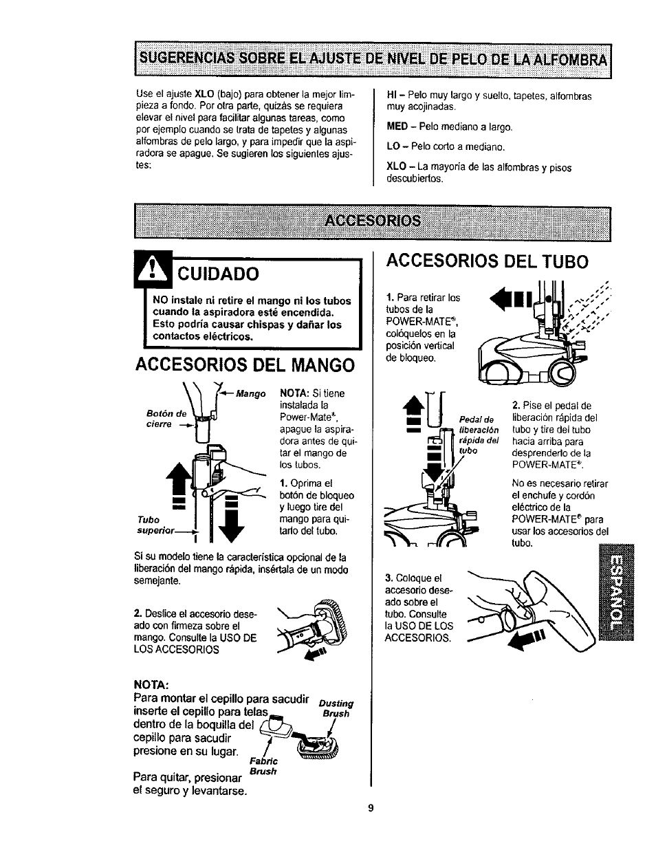 Accesorîos, Cuidado, Accesorios del mango | Accesorios del tubo | Kenmore 116.23812300 User Manual | Page 29 / 40