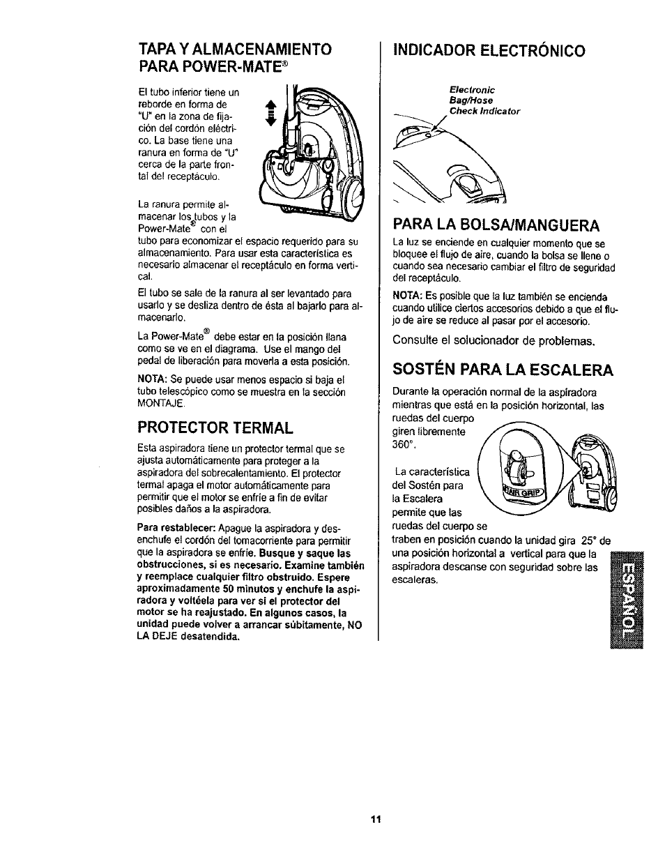 Тара y almacenamiento para power-mate, Protector termal, Indicador electrónico | Para la bolsa/mangüera, Sostén para la escalera | Kenmore 116.23812300 User Manual | Page 31 / 40