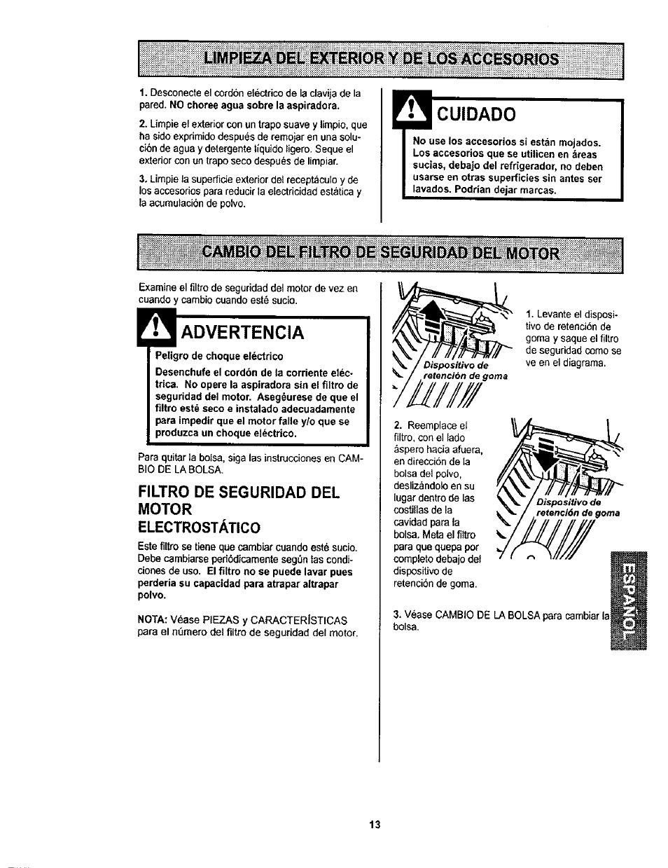 Cuidado, Advertencia, Filtro de seguridad del motor | Electrostático | Kenmore 116.23812300 User Manual | Page 33 / 40