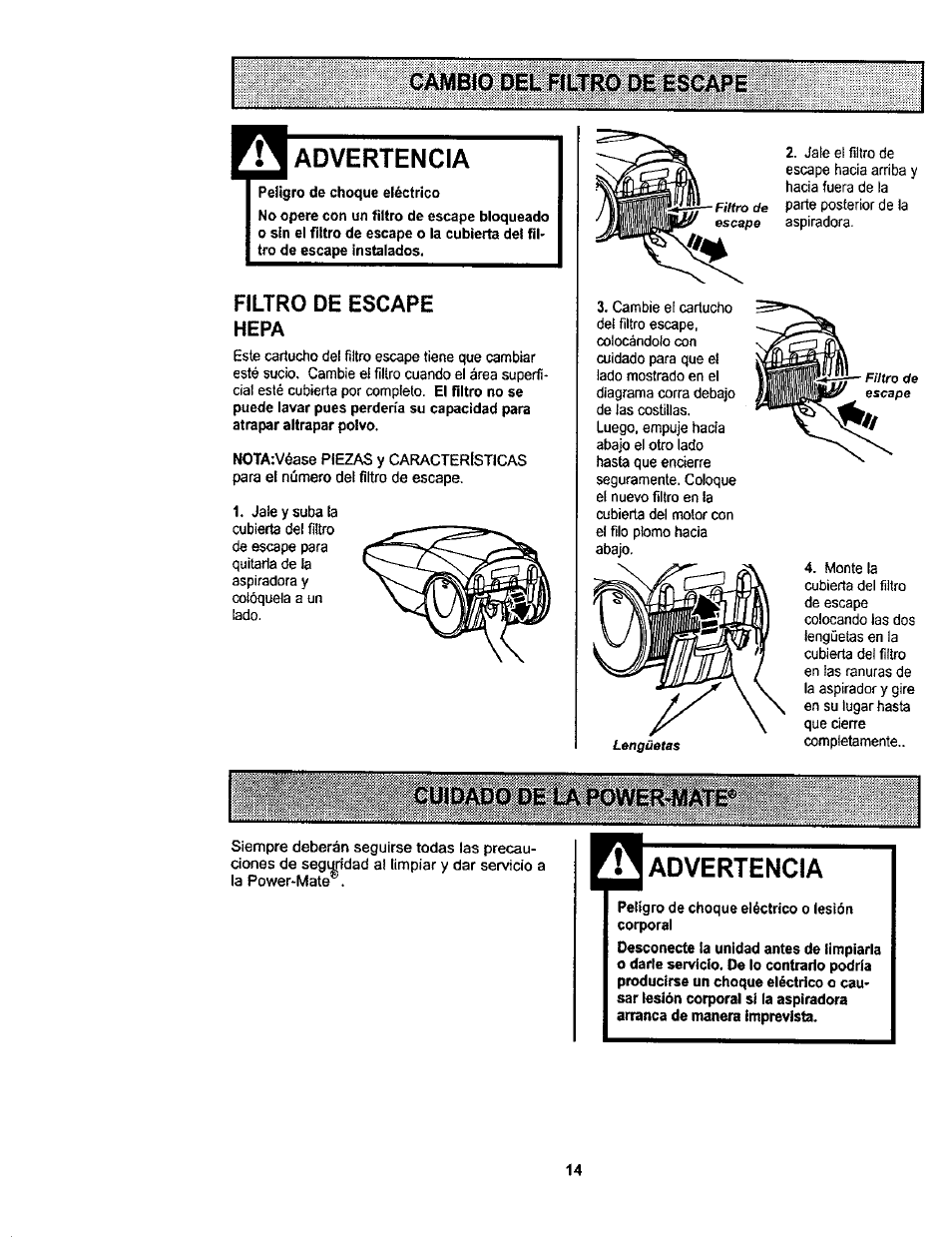 Cambio del filtro de e^ape, Advertencia, Filtro de escape hepa | Cambio del filtro de escape | Kenmore 116.23812300 User Manual | Page 34 / 40