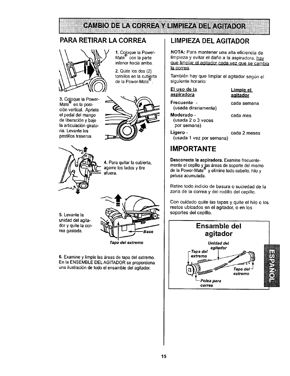 Cambio de la correa y limpieza del agitador, Para retirar la correa, Limpieza del agitador | Importante, Ensamble del agitador | Kenmore 116.23812300 User Manual | Page 35 / 40