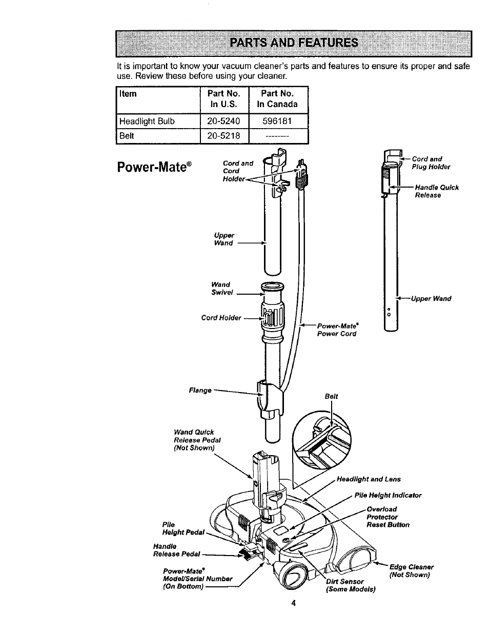 Parts and features, Power-mate, Parts and features -5 | Kenmore 116.23812300 User Manual | Page 4 / 40