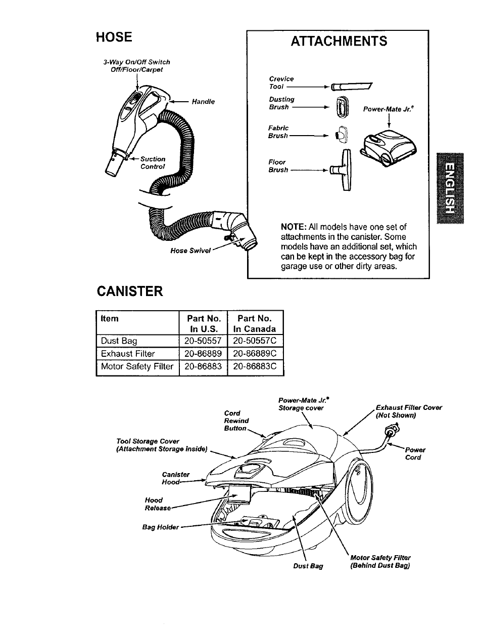 Attachments, Canister, Hose | Kenmore 116.23812300 User Manual | Page 5 / 40