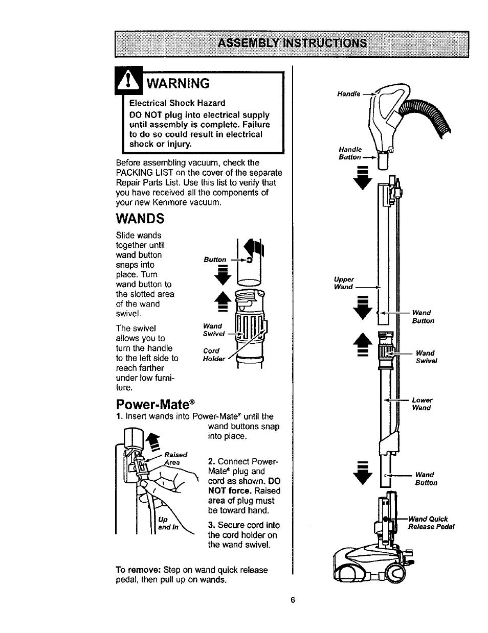 Assembly instructions, Warning, Wands | Power-mate, Assembly instructions -7 | Kenmore 116.23812300 User Manual | Page 6 / 40