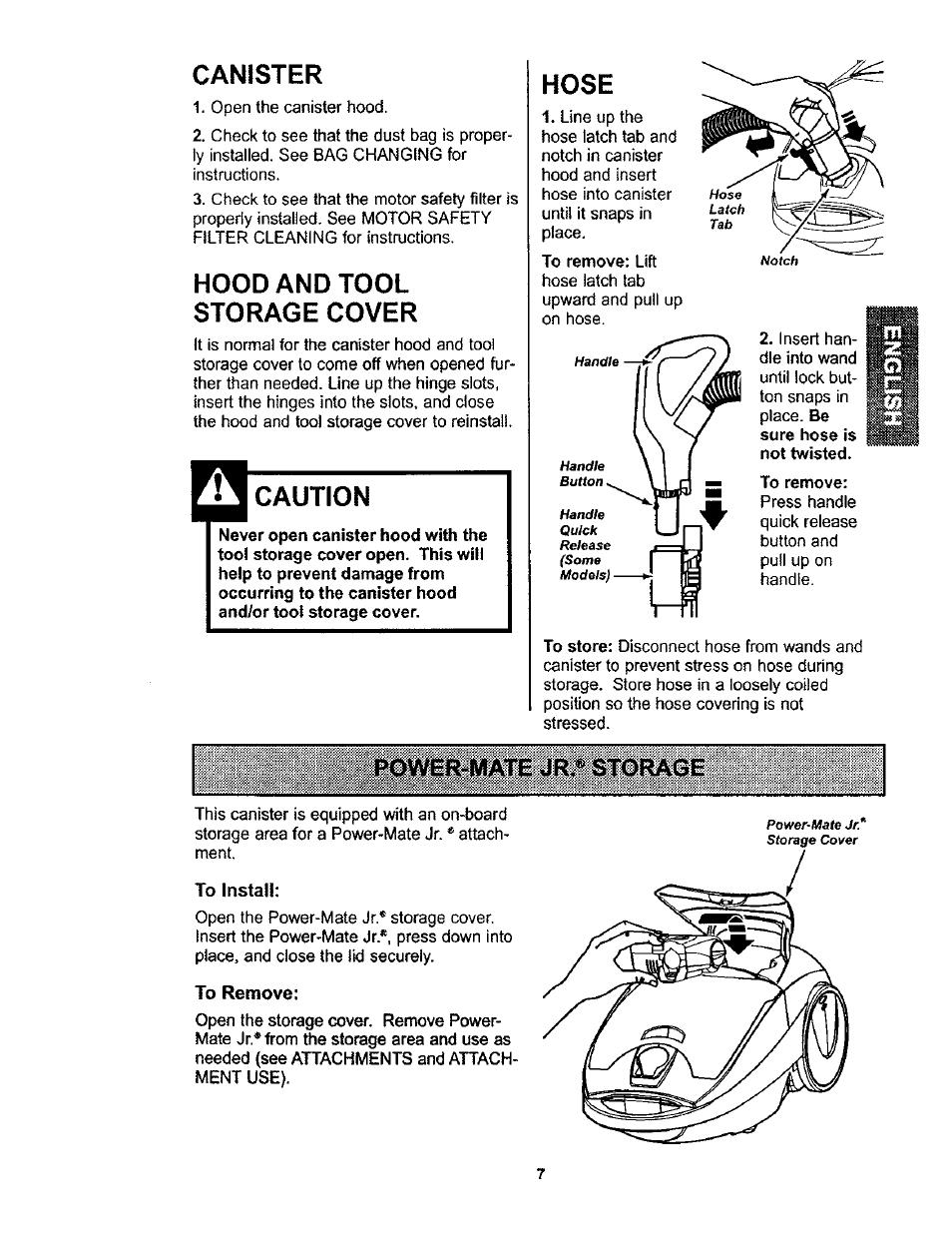 Canister, Hood and tool storage cover, Caution | Hose, Mate jr « storage, To install, To remove | Kenmore 116.23812300 User Manual | Page 7 / 40