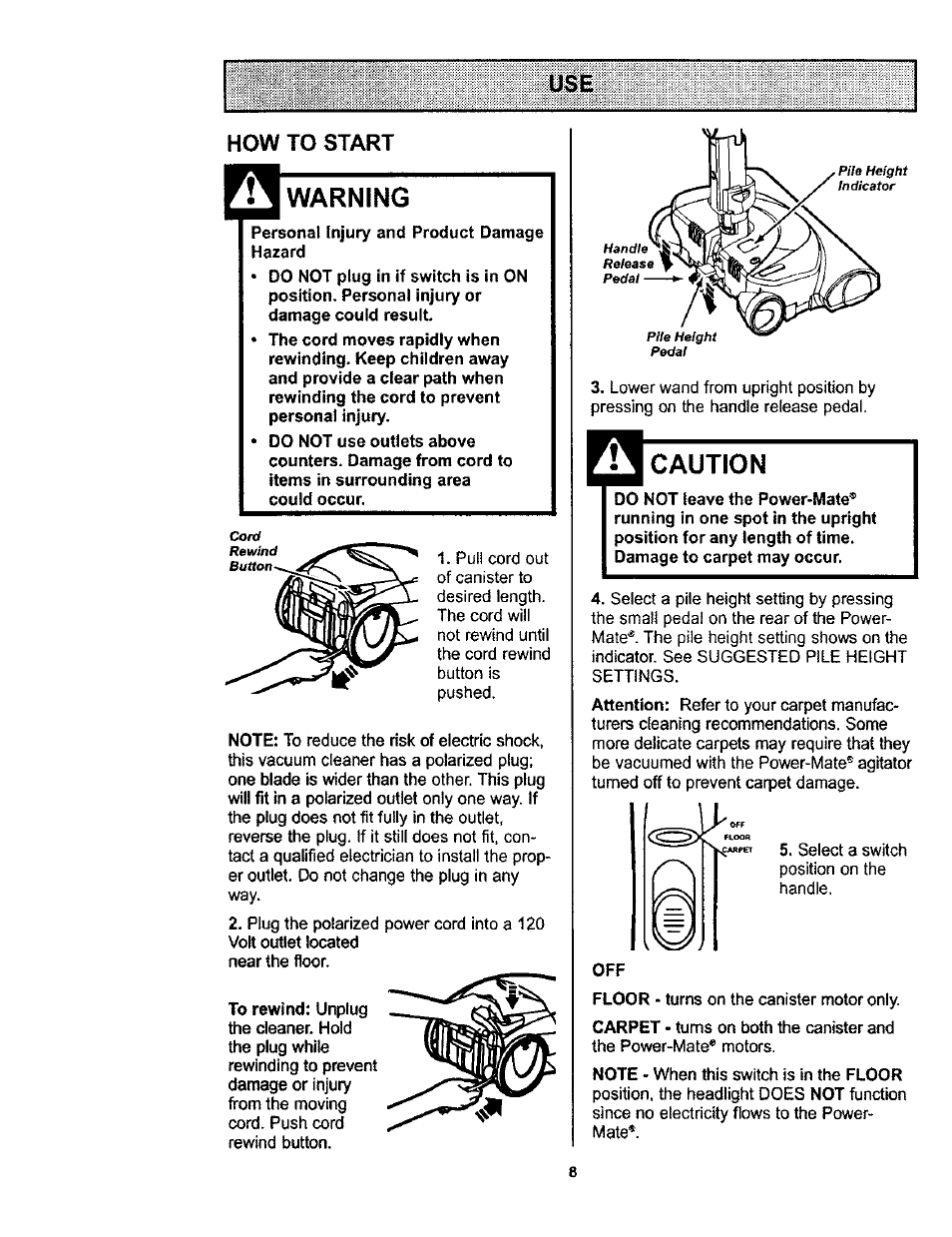 How to start, Warning, Caution | Kenmore 116.23812300 User Manual | Page 8 / 40