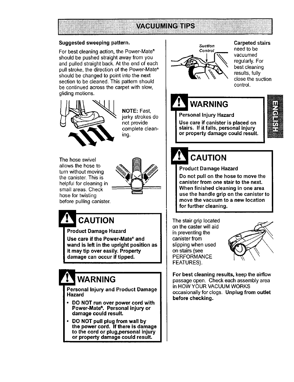 Vacuuming tips, Caution, Warning | Kenmore 116.23812300 User Manual | Page 9 / 40