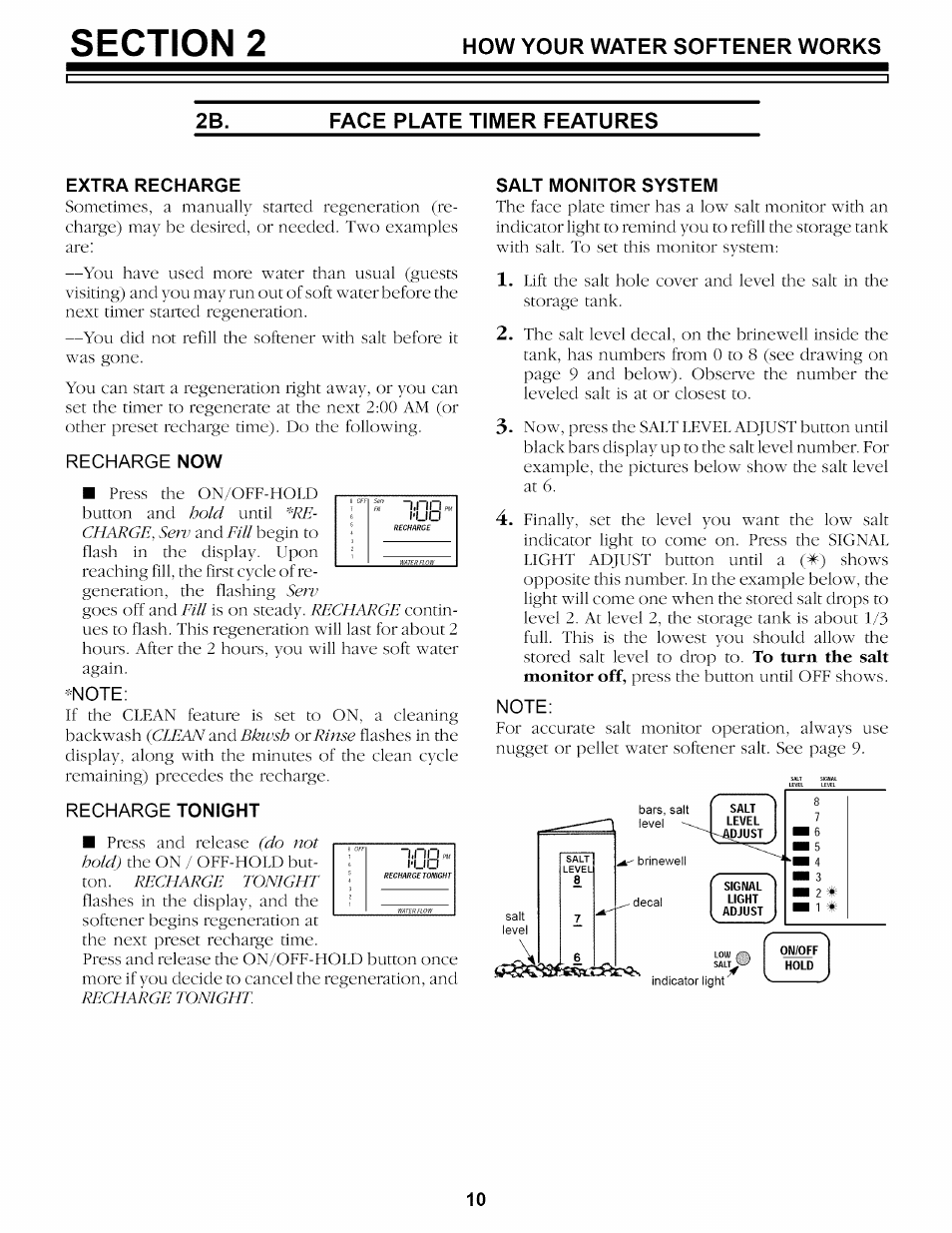 Face plate timer features, Extra recharge, Recharge now | Note, Recharge tonight, Salt monitor system | Kenmore 625.34859 User Manual | Page 10 / 32