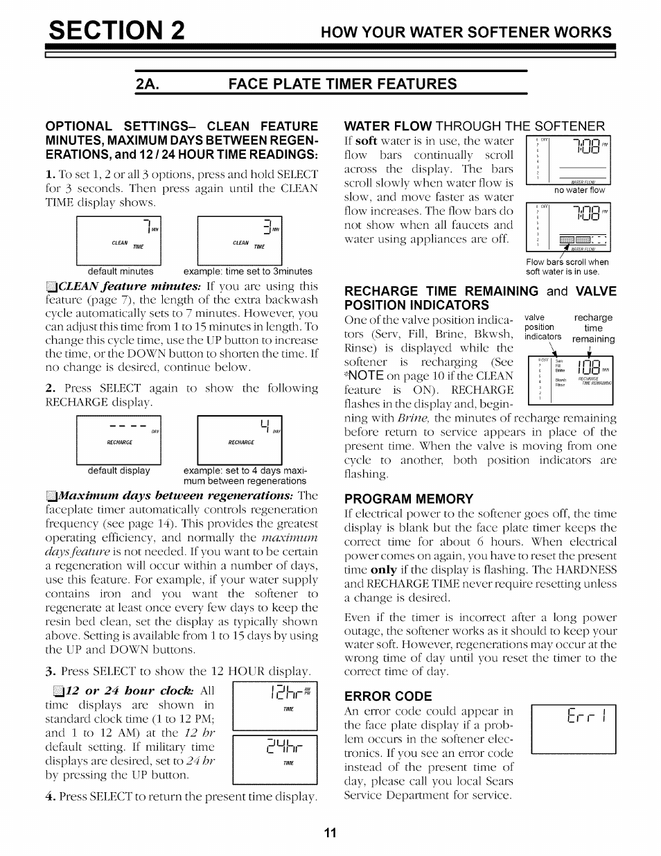 Face plate timer features, Program memory, Error code | Kenmore 625.34859 User Manual | Page 11 / 32