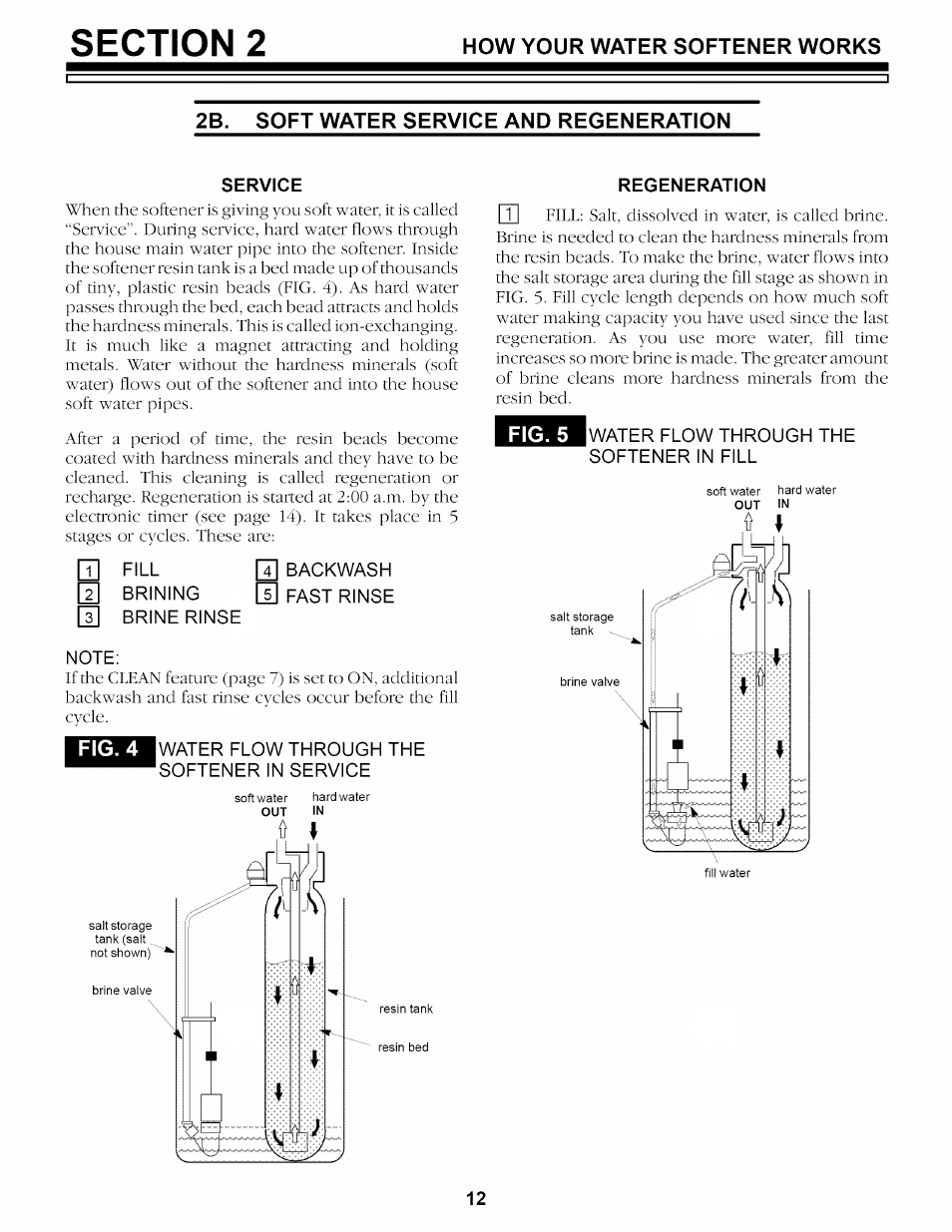 2b. soft water service and regeneration, Service, Regeneration | Note, Water flow through the, Iwater flow through the softener in fill | Kenmore 625.34859 User Manual | Page 12 / 32