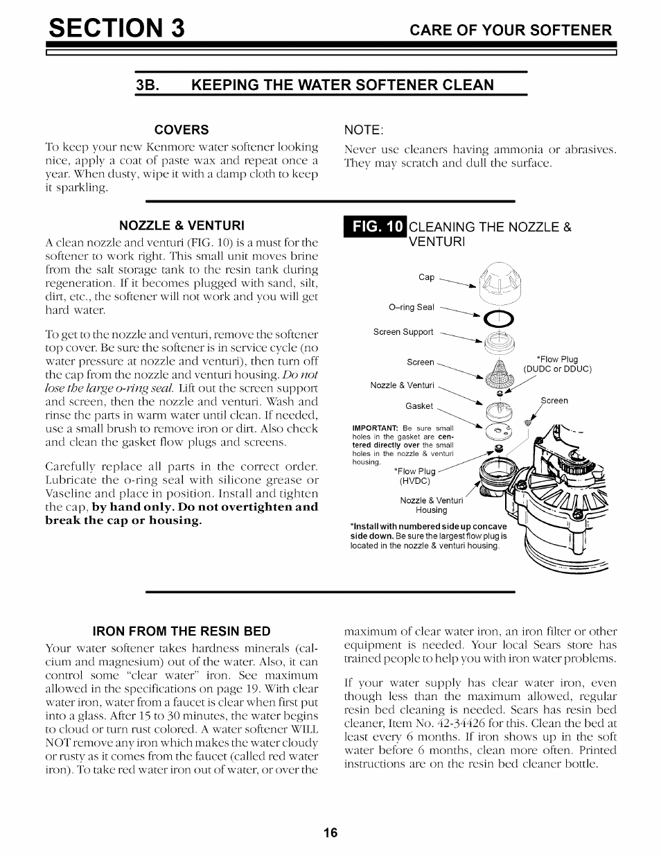 Keeping the water softener clean, Covers, Note | Nozzle & venturi, Iron from the resin bed, Fig. 10 | Kenmore 625.34859 User Manual | Page 16 / 32