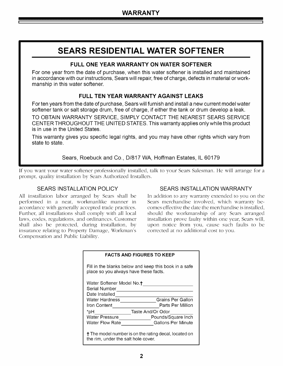 Warranty, Full one year warranty on water softener, Full ten year warranty against leaks | Sears residential water softener | Kenmore 625.34859 User Manual | Page 2 / 32