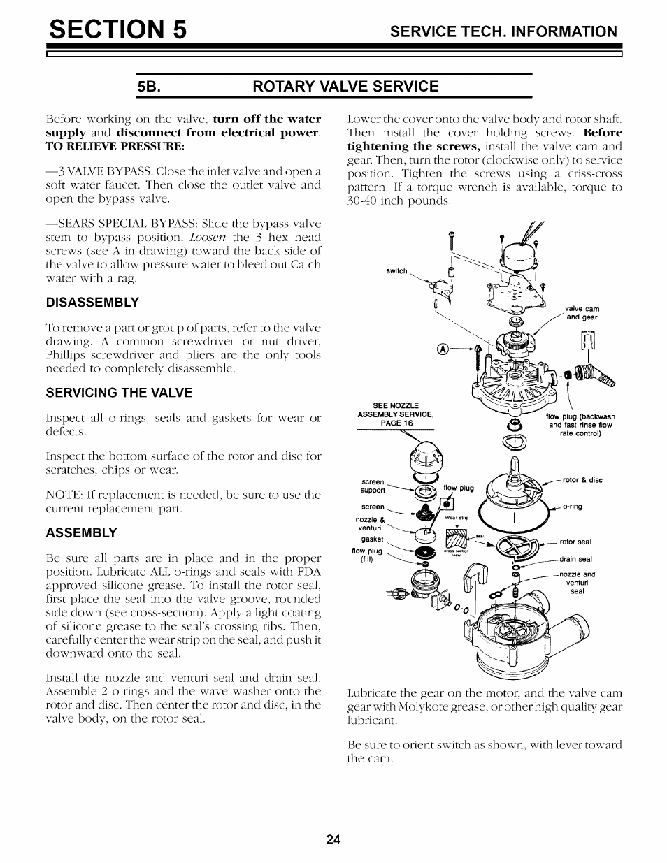 Rotary valve service, Disassembly, Servicing the valve | Assembly | Kenmore 625.34859 User Manual | Page 24 / 32