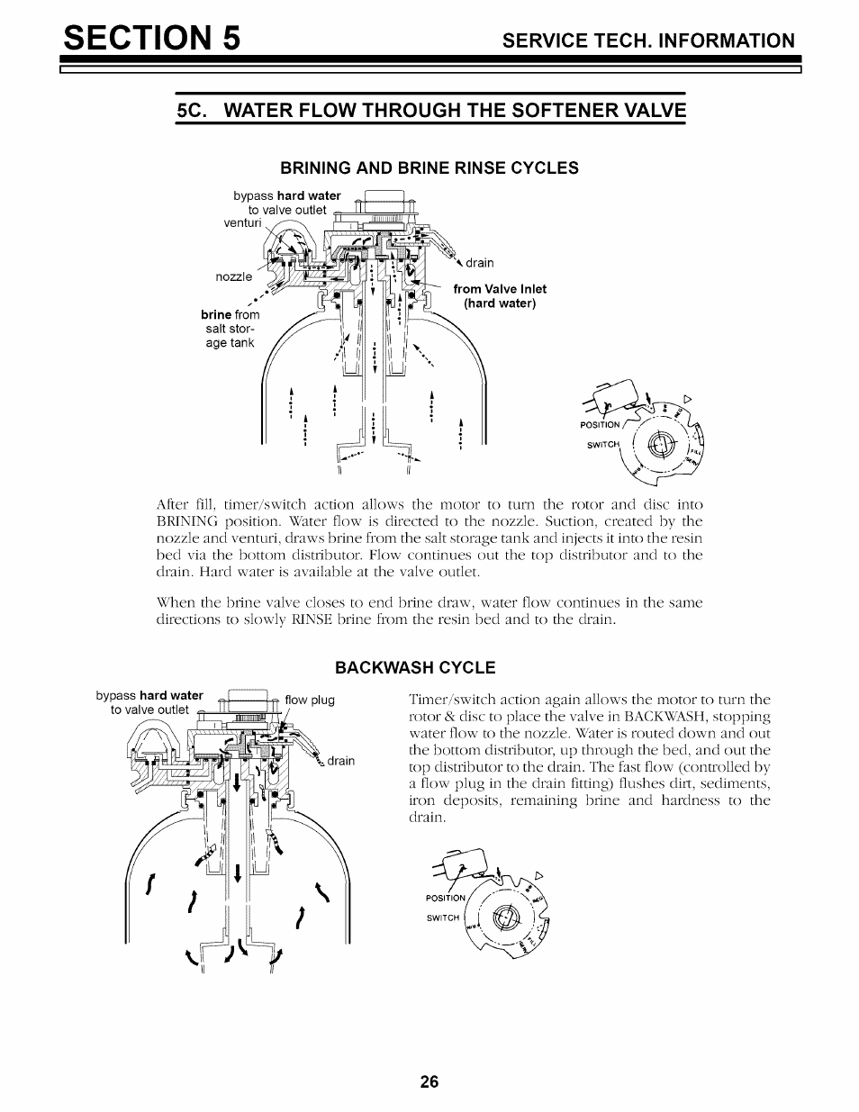 5c. water flow through the softener valve, Brining and brine rinse cycles, Backwash cycle | Kenmore 625.34859 User Manual | Page 26 / 32