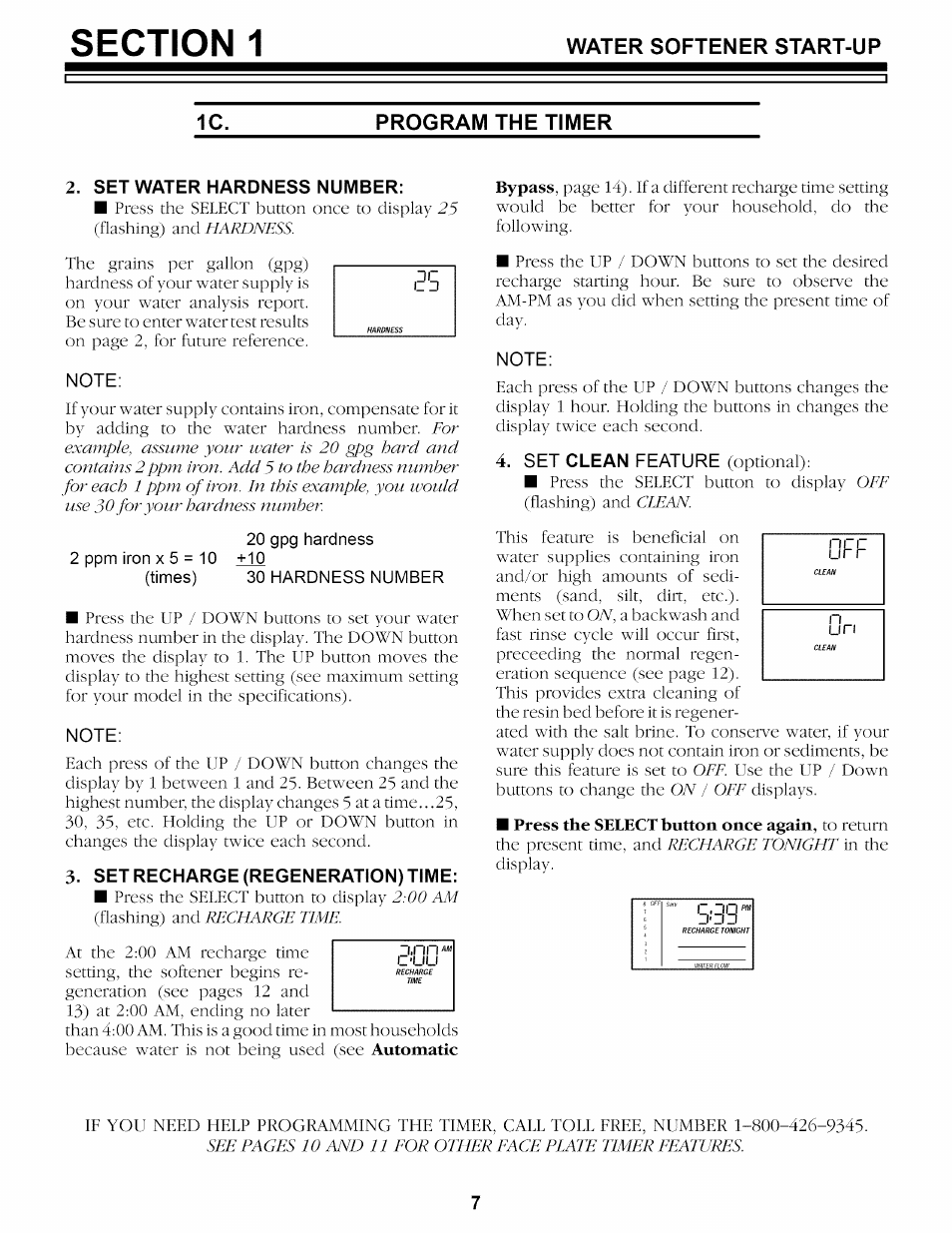 Program the timer, Set water hardness number, Set recharge (regeneration) time | Water softener start-up 1c. program the timer | Kenmore 625.34859 User Manual | Page 7 / 32